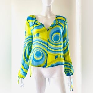 Express Turquoise Lime Green Geometric Pattern Silk Chiffon Long Sleeve Blouse M